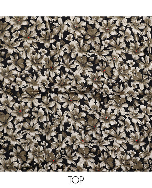 Black material chudidar set, floral printed top, plain bottom and floral printed dupatta