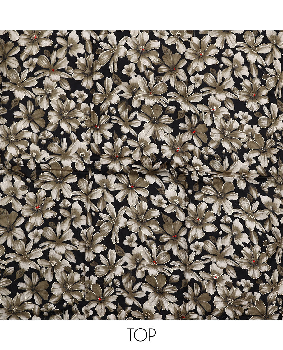 Black material chudidar set, floral printed top, plain bottom and floral printed dupatta