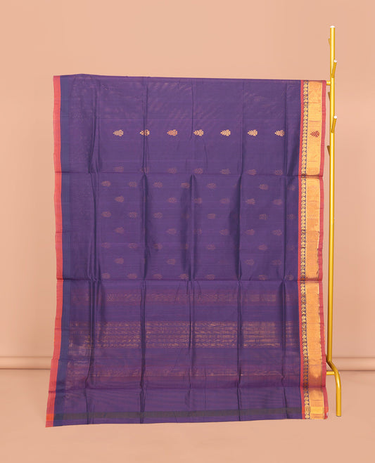 Ink Blue Venkatagiri Cotton Saree Features Buttas, a Contrast Zari-Thread Border, Pallu of Stripes, and No Blouse