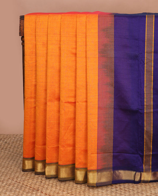 Orange plain design poly cotton saree, contrast zari border & striped pallu