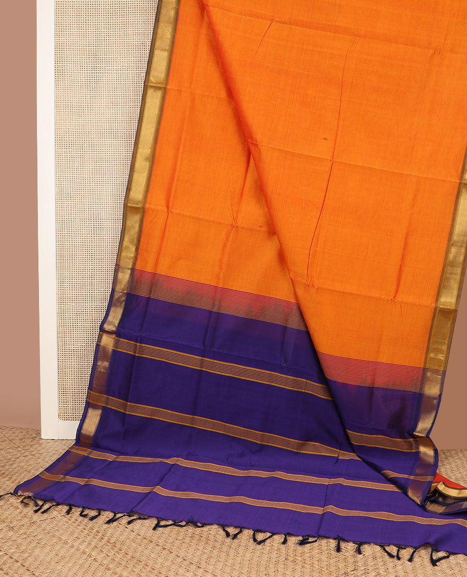 Orange plain design poly cotton saree, contrast zari border & striped pallu