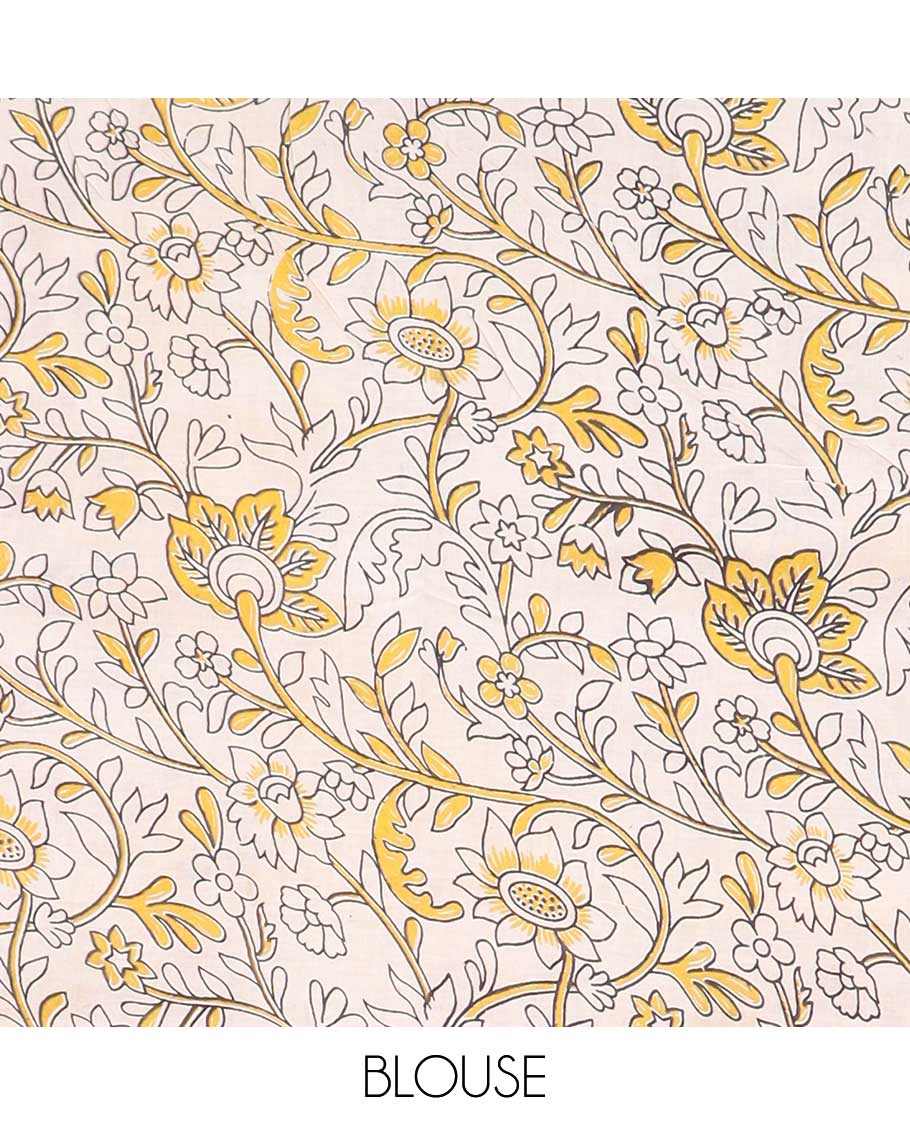 Brown floral & bird machine-printed kalamkari cotton saree, contrast floral & chevron border & peacock pallu