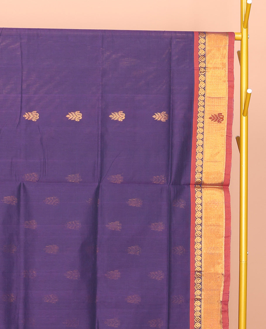 Ink Blue Venkatagiri Cotton Saree Features Buttas, a Contrast Zari-Thread Border, Pallu of Stripes, and No Blouse