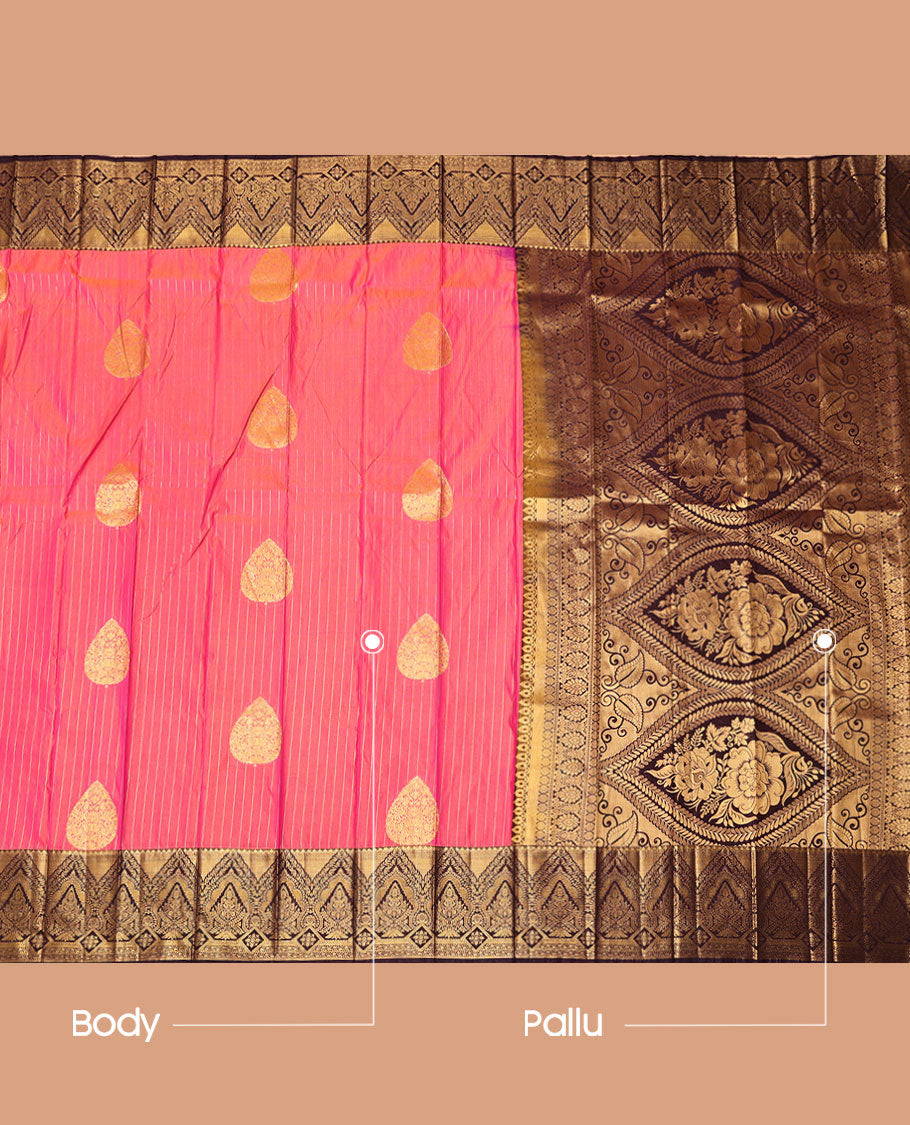 Pink Budget Silk Saree, Accentuated with Zari Buttas and Stripes, Complemented by Contrast Traditional Zari Border, a Grand Pallu  and a Contrast Blouse