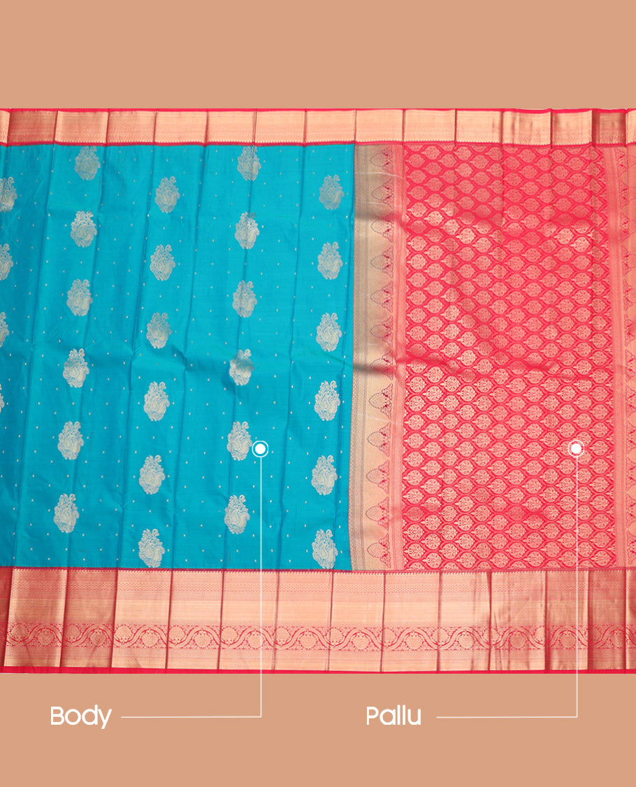 Blue Budget Silk Saree, Detailed with Zari Buttas, Complemented by a Contrast Traditional Zari Border, Grand Pallu, and a Contrast Blouse