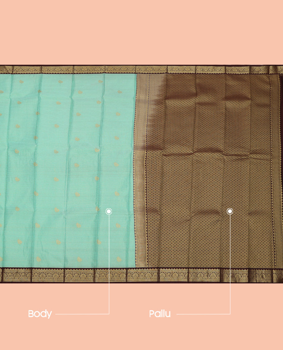 Turquoise Budget Silk Saree, Embellished with Zari Buttas and Checks, Complemented by a Contrast Traditional Zari Border, Grand Pallu, and a Contrast Blouse