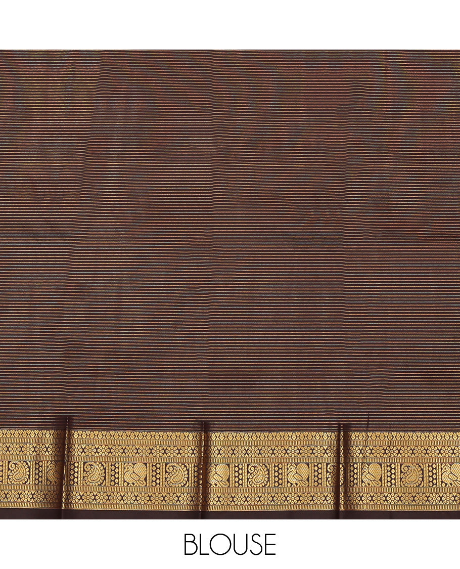 Brown Budget Silk Saree, Adorned with Zari Buttas and Stripes, Complemented by Contrast Traditional Zari Border, a Jaal Pallu and a Contrast Blouse