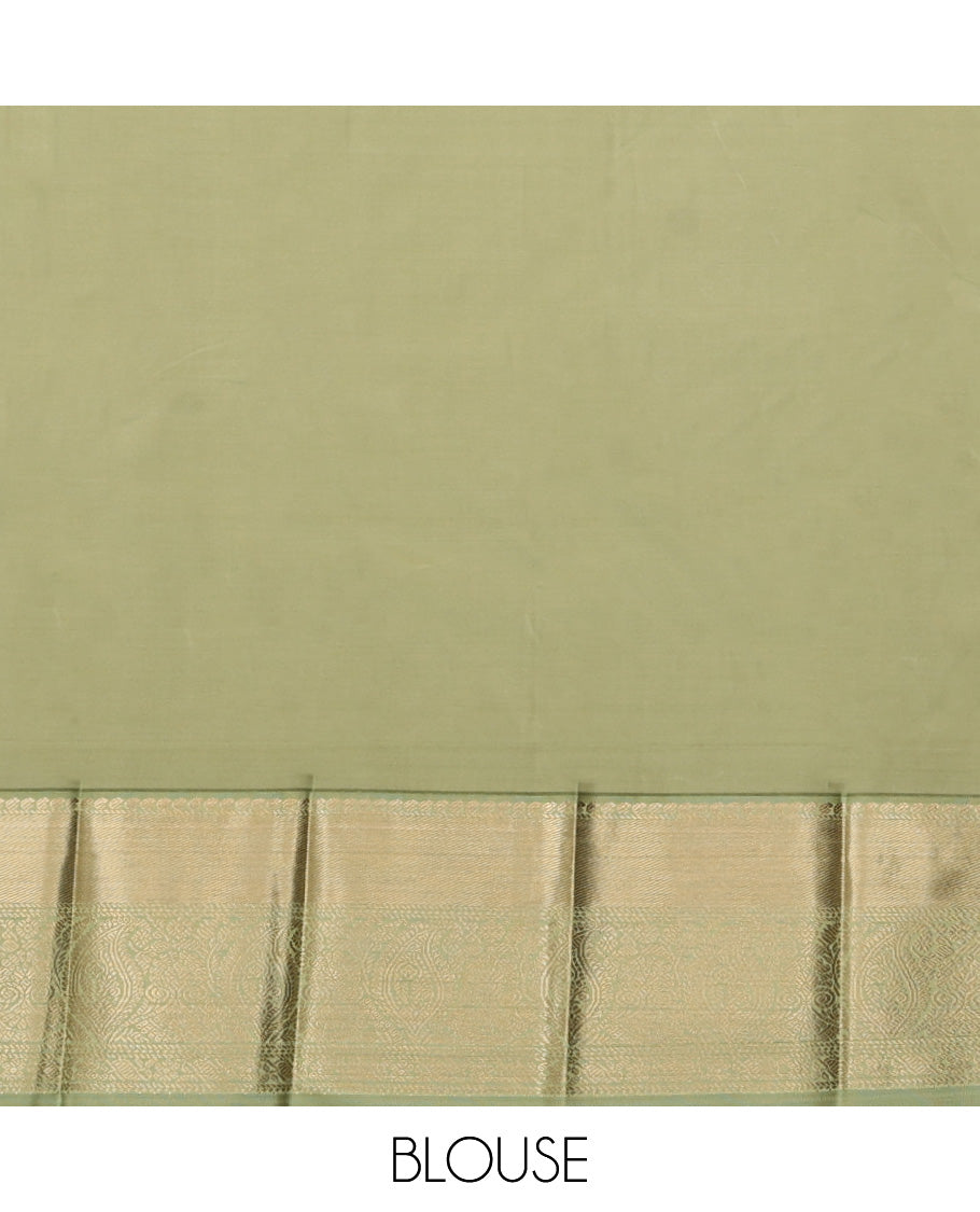 Green Budget Silk Saree, Gleamed Up with Zari Buttas and Stripes, a Contrast Traditional Zari Border, Grand Pallu, and a Contrast Blouse