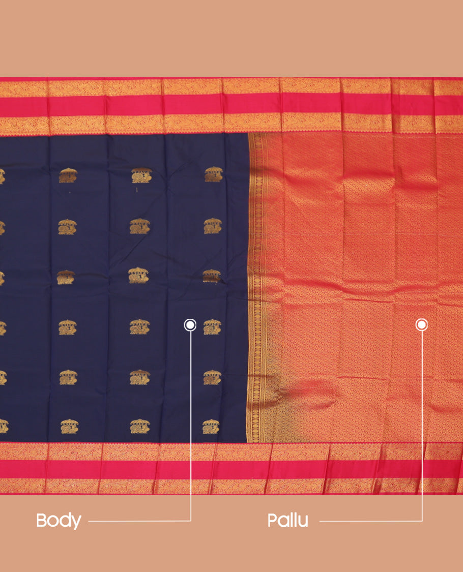 Navy Blue Budget Silk Saree, Embellished with Zari Buttas, a Contrast Traditional Zari Rettai Pettu Border, Grand Pallu, and a Contrast Blouse