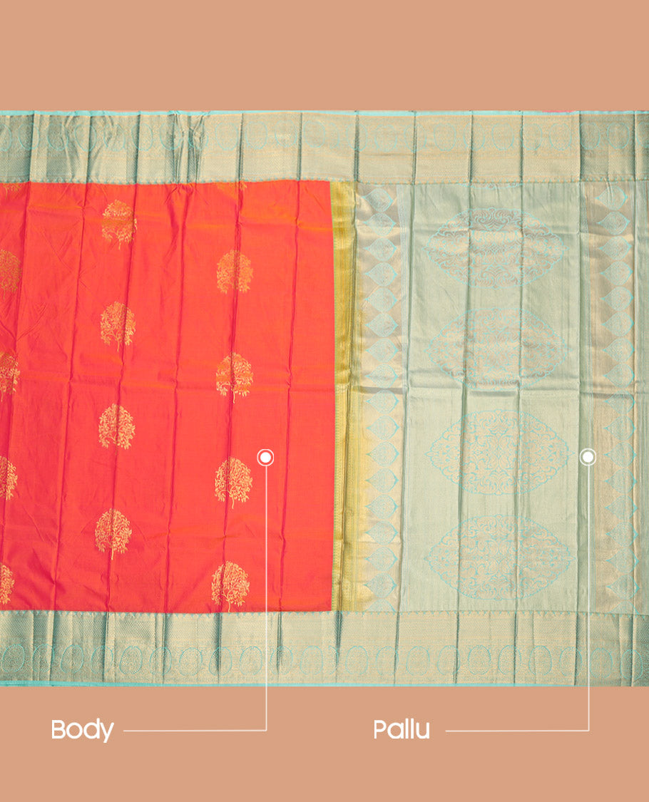 Orange Budget Silk Saree, Impeccably Styled with Tree Zari Buttas, Complemented by a Contrast Traditional Border, Grand Pallu, and a Contrast Blouse