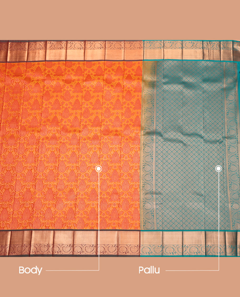 Orange Budget Silk Saree, Enriched with Jacquard Design, Complemented by a Contrast Traditional Zari Border, Jaal Pallu, and Contrast Blouse