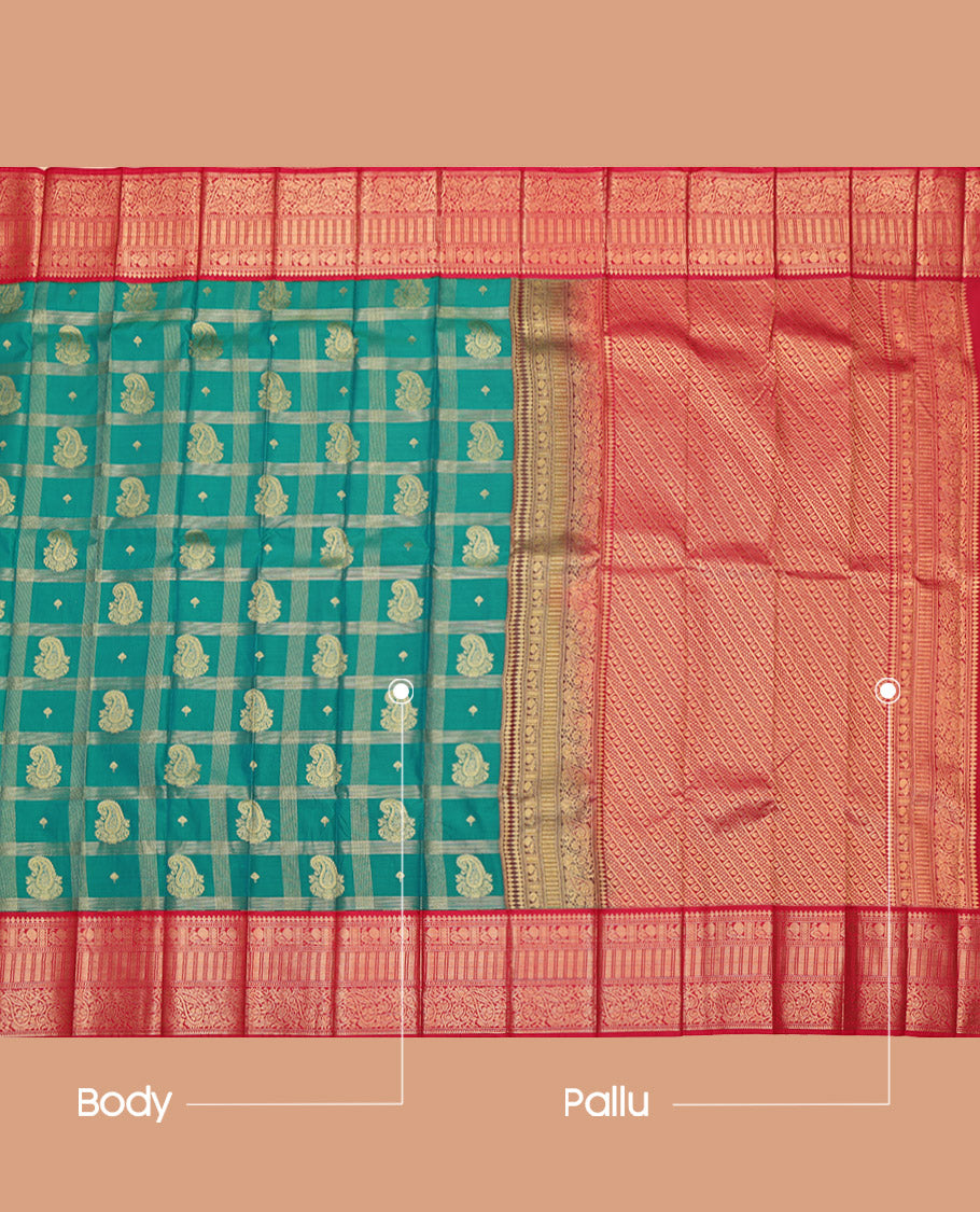 Green Budget Silk Saree, Decked Up with Paisley Butta Enclosed Checks on Its Body, Complemented by a Contrast Traditional Zari Design Border, Grandly Decked Up Pallu, and Paired with a Contrast Blouse