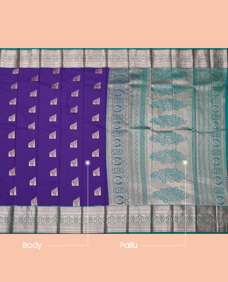 Violet Budget Silk Saree, Mesmerized with Zari Buttas All Over Its Body, Complemented by a Contrast Traditional Zari Design Border, Intricate Pallu, and Paired with a Contrast Blouse