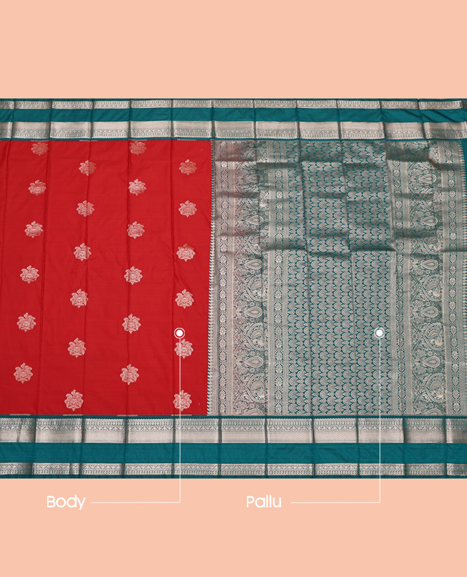Red Budget Silk Saree, Highlighted by Zari Buttas on Its Body, Complemented by a Contrast Traditional Zari Design Rettai Pettu Border, Intricately Designed Pallu, and Paired with a Contrast Blouse