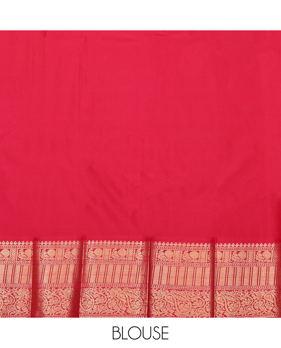 Green Budget Silk Saree, Decked Up with Paisley Butta Enclosed Checks on Its Body, Complemented by a Contrast Traditional Zari Design Border, Grandly Decked Up Pallu, and Paired with a Contrast Blouse