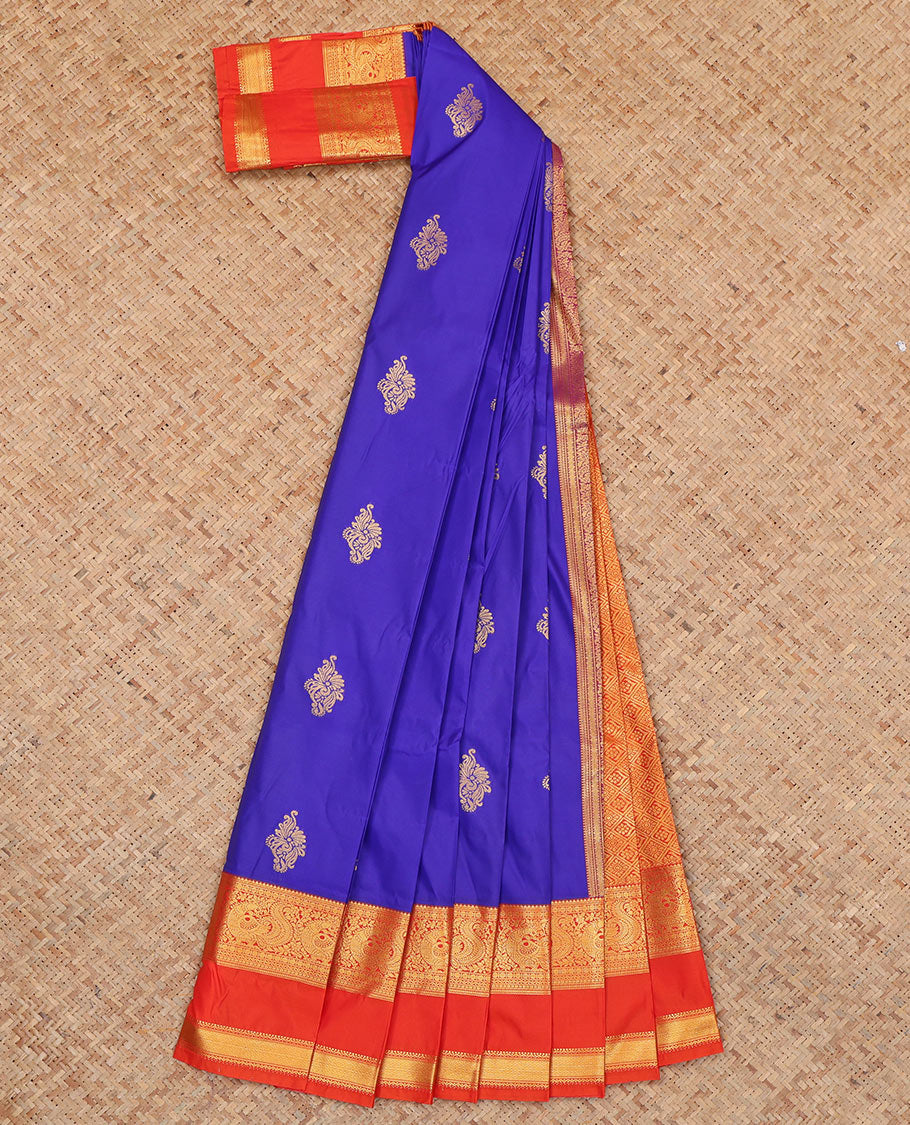 Blue Budget Silk Saree, Graced with Zari Buttas, Complemented by Contrast Traditional Rettai Pettu Border, a Jaal Pallu and a Contrast Blouse