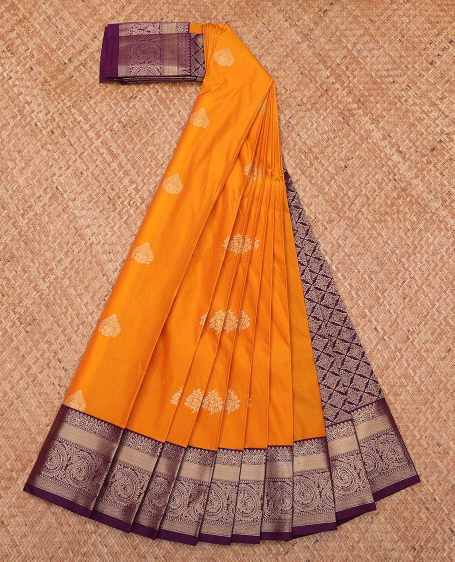 Orange Budget Silk Saree, Ornamented with Zari Buttas, Complemented by a Contrast Traditional Zari Border, Grand Pallu, and Contrast Blouse