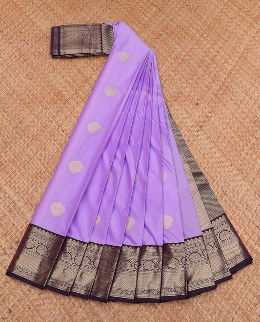 Lavender Budget Silk Saree, Subtly Sparkled with Zari Buttas, Complemented by a Contrast Traditional Zari Border, Grand Pallu, and a Contrast Blouse