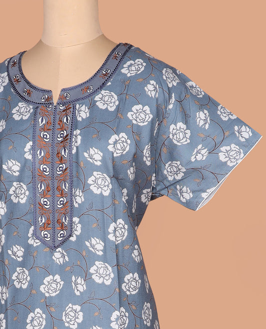 Grey floral vine printed with round neck embroidered half-sleeve cotton nighty