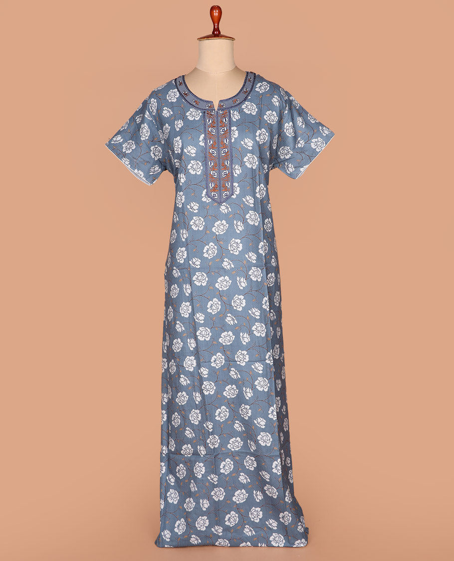 Grey floral vine printed with round neck embroidered half-sleeve cotton nighty