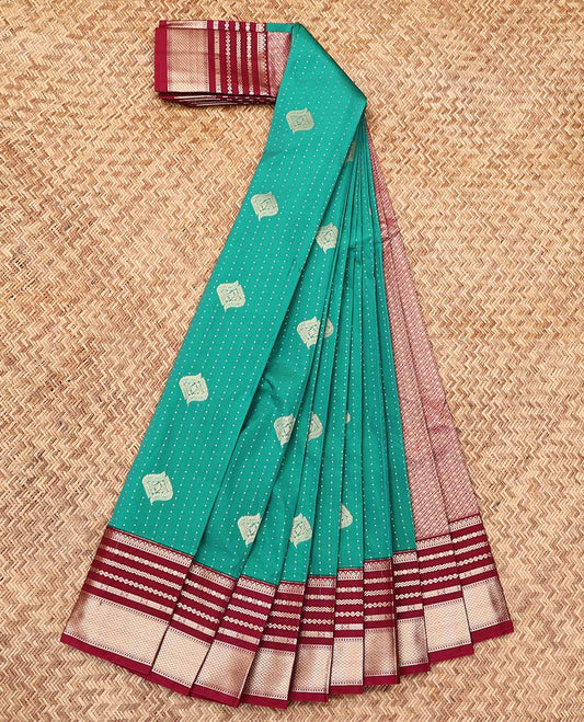 Green Budget Silk Saree, Finely Crafted with Zari Buttas, a Contrast Traditional Zari Border, Grand Pallu, and a Contrast Blouse