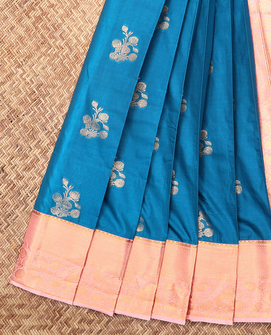 Blue Budget Silk Saree, Graced with Zari Buttas and Stripes, Complemented by Contrast Traditional Zari Border, a Grand Jaal Pallu  and a Contrast Blouse