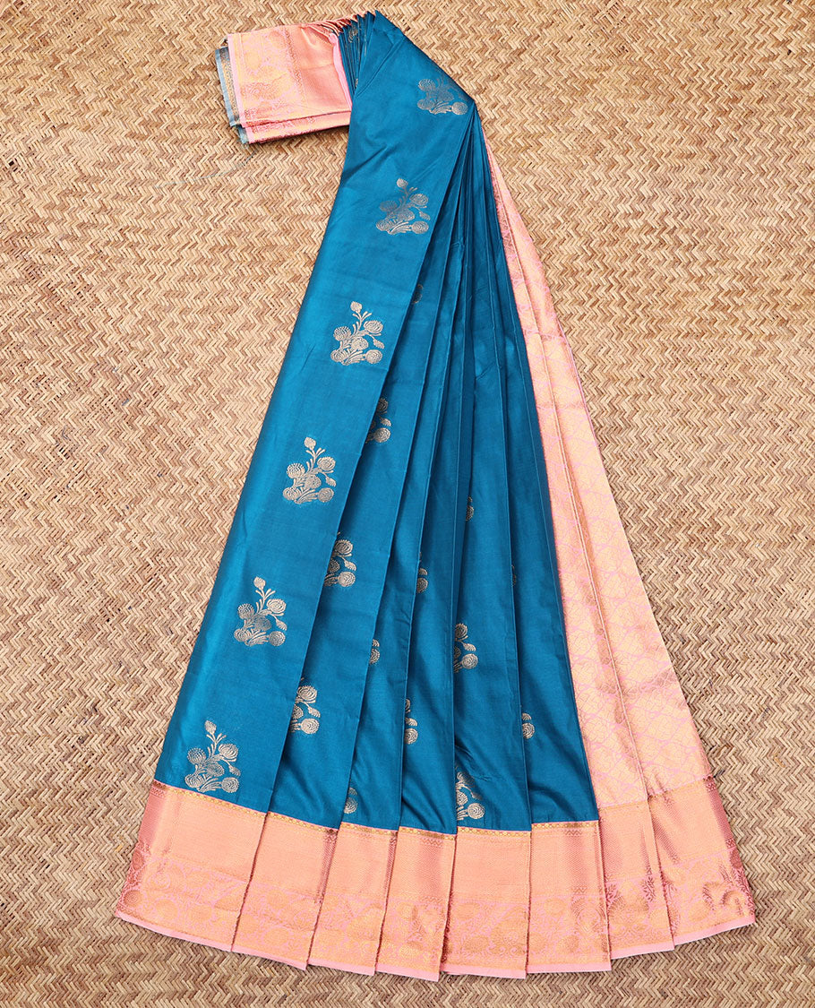 Blue Budget Silk Saree, Graced with Zari Buttas and Stripes, Complemented by Contrast Traditional Zari Border, a Grand Jaal Pallu  and a Contrast Blouse
