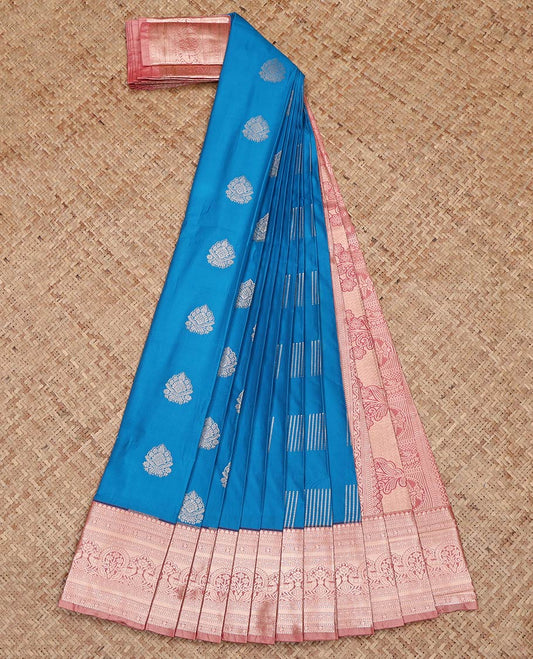 Blue Budget Silk Saree, Delicately Woven with Zari Buttas on Its Body, Complemented by a Contrast Traditional Zari Design Border, Intricately Designed Pallu, and Paired with a Contrast Blouse
