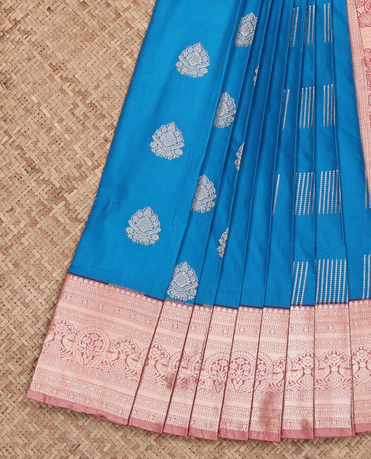 Blue Budget Silk Saree, Delicately Woven with Zari Buttas on Its Body, Complemented by a Contrast Traditional Zari Design Border, Intricately Designed Pallu, and Paired with a Contrast Blouse