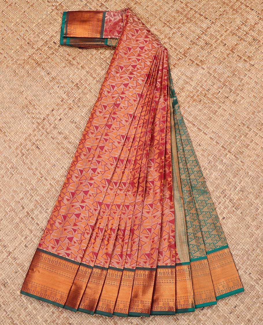 Grey Budget Silk Saree, Prettified with Triangle Design, Complemented by a Contrast Traditional Zari Border, Intricately Designed Pallu, and a Contrast Blouse