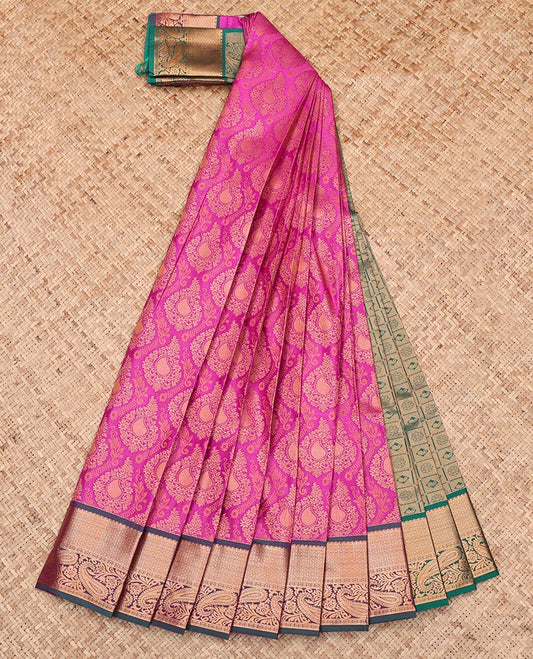 Pink Budget Silk Saree, Detailed with Jacquard Design, Complemented by a Contrast Paisley Zari Border, Grand Pallu, and Contrast Blouse