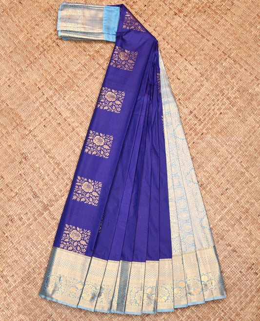 Blue Budget Silk Saree, Gleamed Up with Zari Buttas, Complemented by a Contrast Traditional Border, Grand Pallu, and a Contrast Blouse