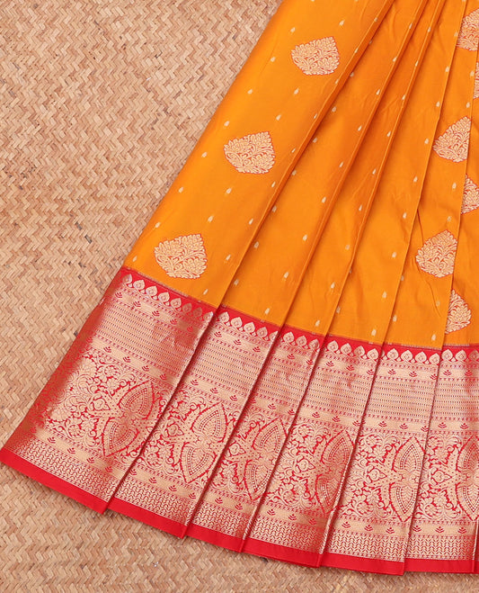 Orange Budget Silk Saree, Impeccably Styled with Zari Buttas, Complemented by a Contrast Traditional Zari Border, Grand Pallu, and a Contrast Blouse