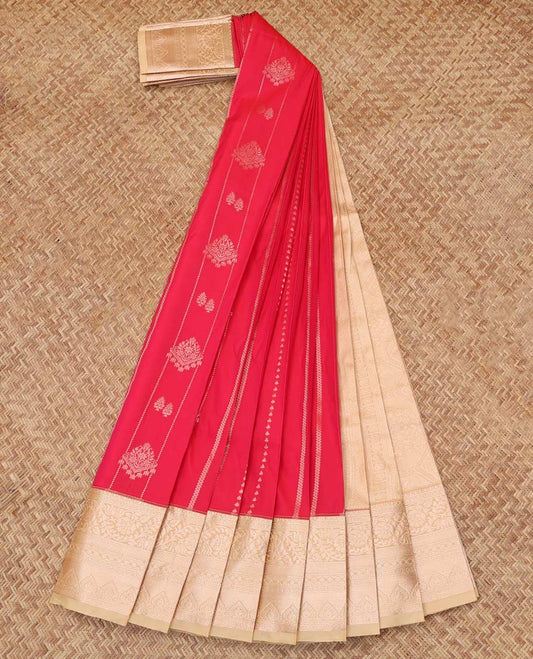 Red Budget Silk Saree, Woven with Stripes and Buttas, Complemented by Contrast Traditional Zari Border, a Grand Pallu and a Contrast Blouse