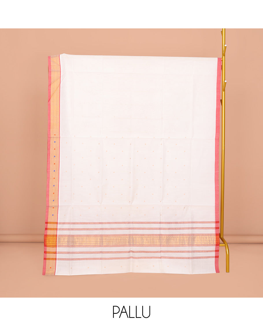 White Venkatagiri Cotton Saree Subtly Sparkled with Buttas, a Contrast Zari-Thread Border, Pallu of Stripes, and No Blouse