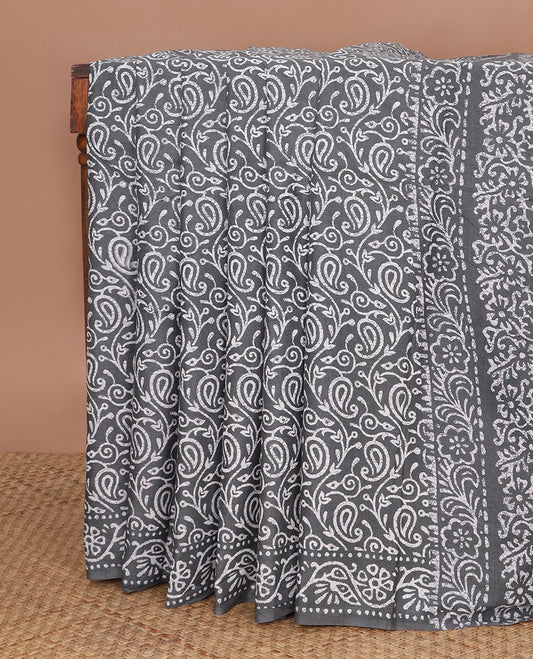 Grey batik floral-paisley vine printed mul mul cotton saree, floral creeper batik printed border & batik printed pallu