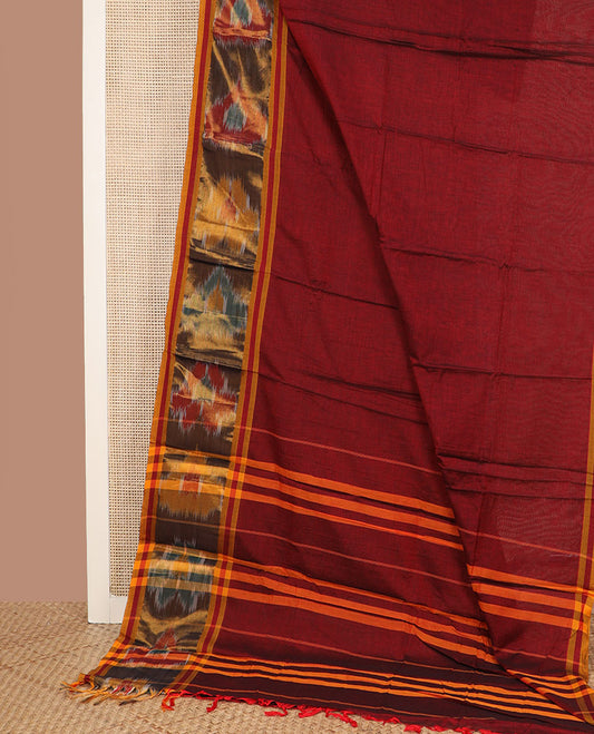 Maroon plain Narayanpet cotton saree, contrast ikkat design border & striped pallu
