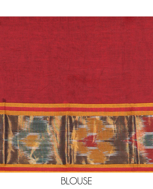 Maroon plain Narayanpet cotton saree, contrast ikkat design border & striped pallu