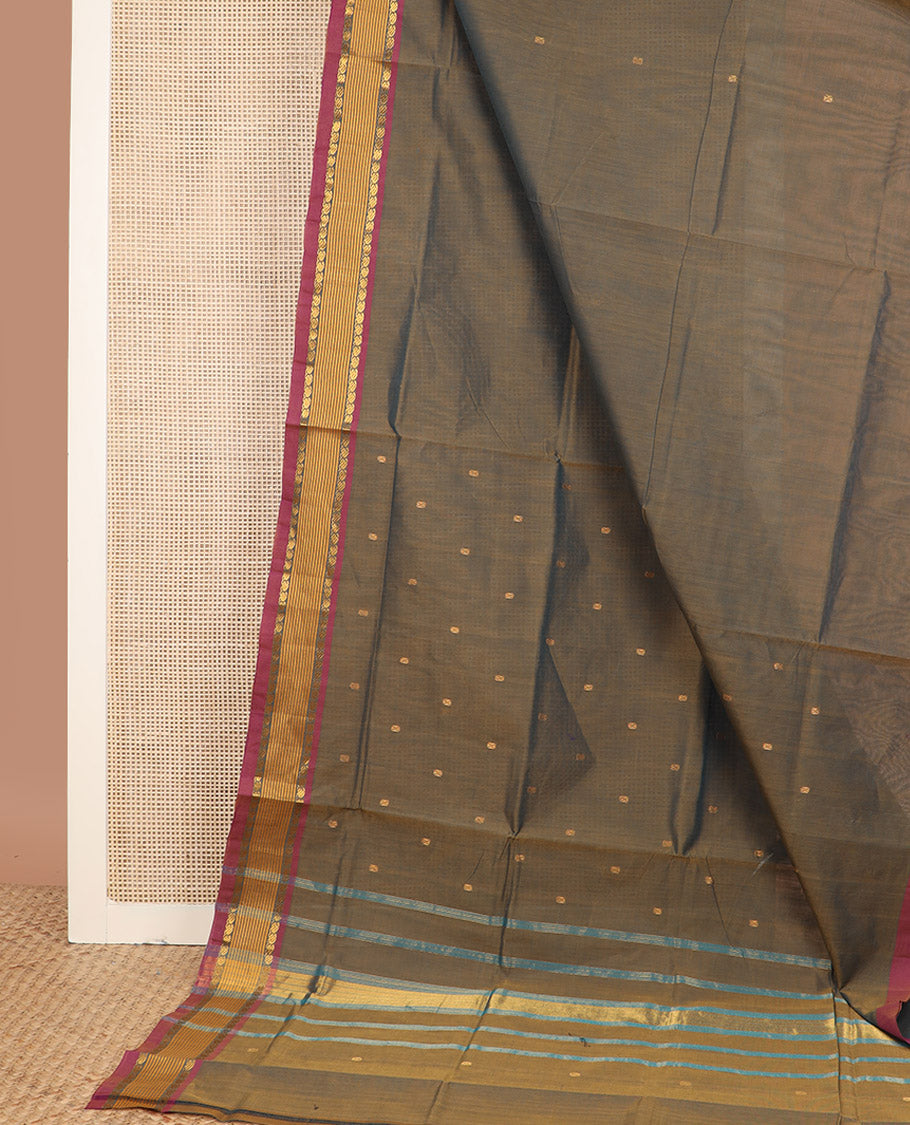Brown zari buttas Venkatagiri cotton saree, contrast traditional zari border, and striped pallu