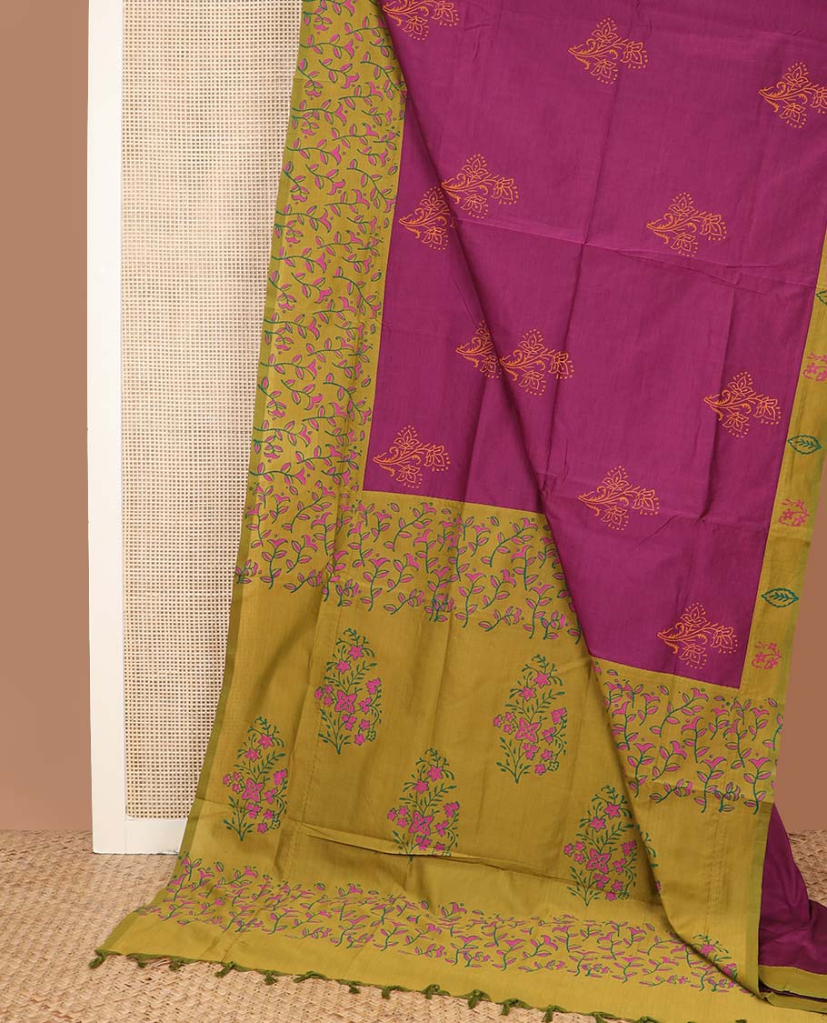 Purple floral motifs printed poly cotton saree, contrast floral motifs border, and pallu of floral design