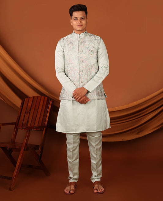 Pale Green Plain Full-Sleeved Men's Kurta Comes with a Mughal-Style Mixed-Embroidered Half-Sleeve Jacket and Matching Pants