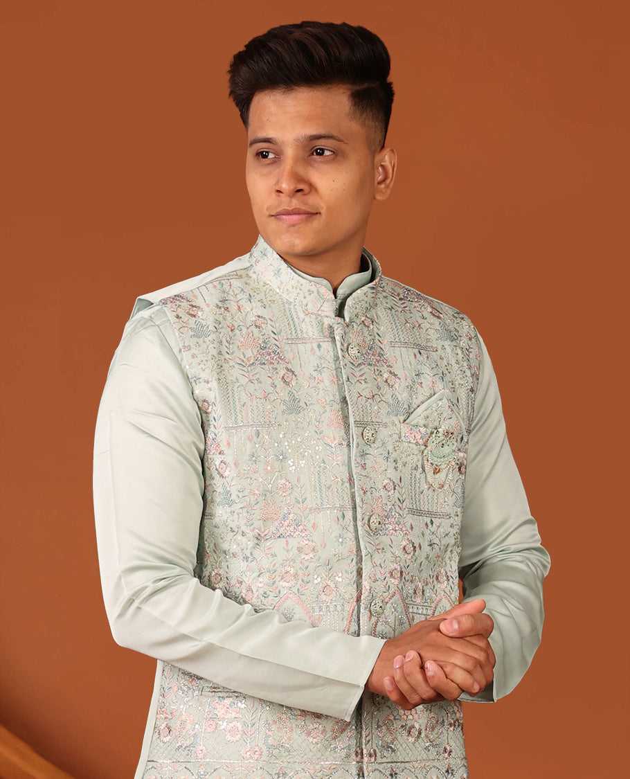 Pale Green Plain Full-Sleeved Men's Kurta Comes with a Mughal-Style Mixed-Embroidered Half-Sleeve Jacket and Matching Pants