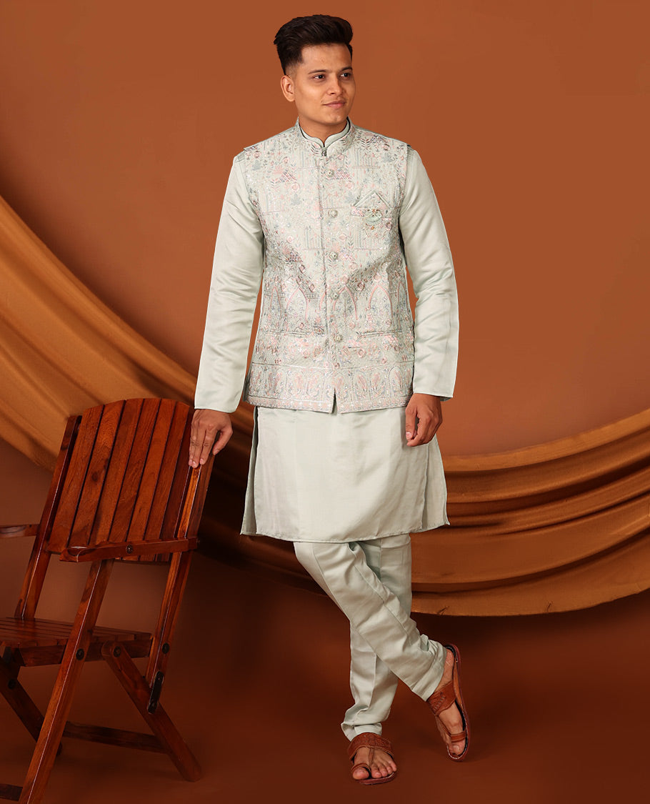 Pale Green Plain Full-Sleeved Men's Kurta Comes with a Mughal-Style Mixed-Embroidered Half-Sleeve Jacket and Matching Pants