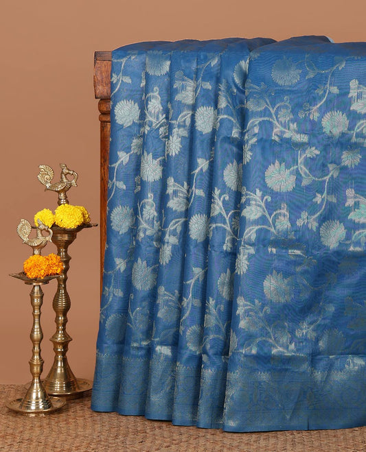 Blue floral jaal jacquard banaras brasso saree,traditional zari border,floral jaal zari weave pallu & zari design blouse