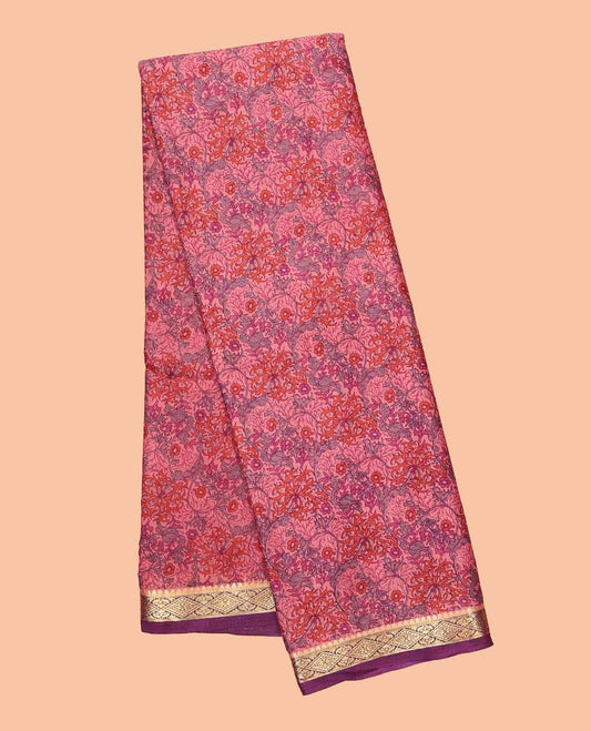 Pink floral printed semi-banaras printed saree, contrast diamond zari border & intricate pallu 