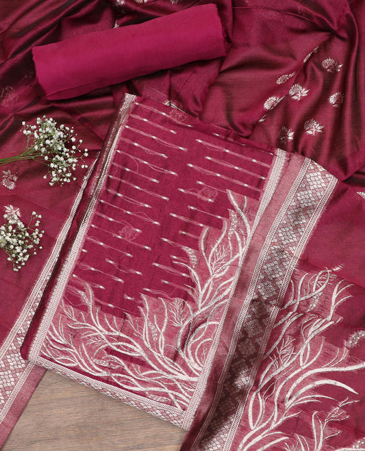 Maroon material chudidar set, zari design top, plain bottom and floral zari buttas dupatta