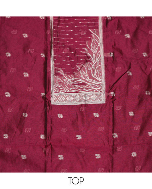Maroon material chudidar set, zari design top, plain bottom and floral zari buttas dupatta