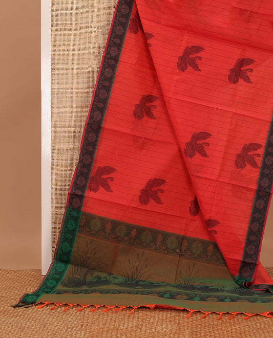 Bright red striped & bird motifs Coimbatore cotton saree, contrast border & pallu of swan motifs