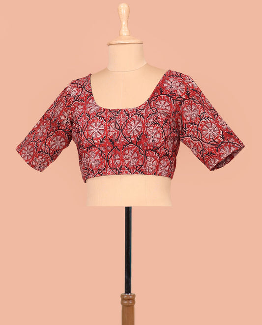 Red Cotton Readymade Blouse Adorned with Floral Vine Print, Featuring a Front Round-Neck, a Back Round-Neck, and Elbow Sleeves