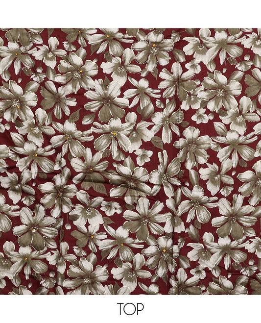 Brown material chudidar set, floral printed top, plain bottom and floral printed dupatta